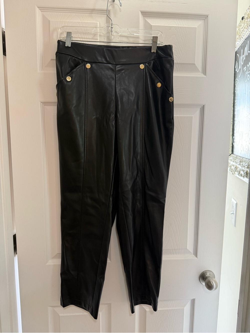 Andrew Marc Black Faux Leather Straight-Leg Pants with Gold Studs